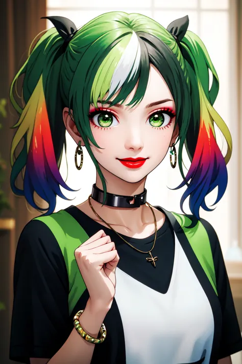 Niji Slime, 1girl, black shirt, blurry, blurry background, bracelet, choker, collar, earrings, fire, gradient hair, green eyes, ...