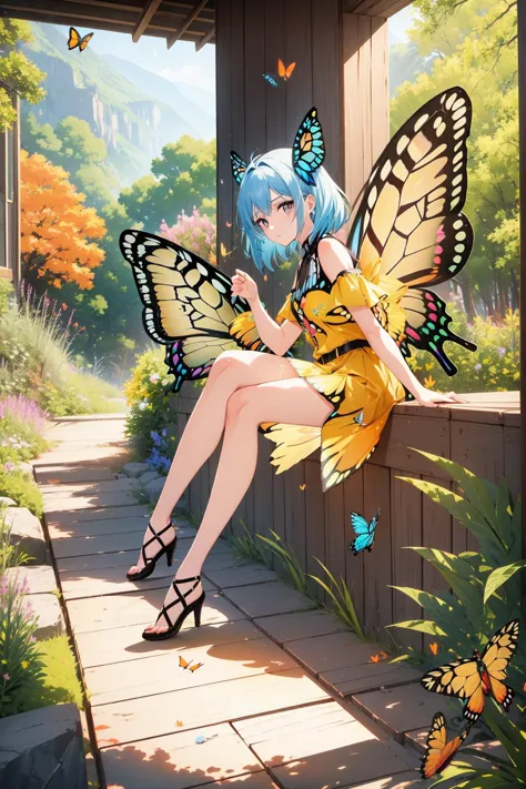 1girl, [ (stylized by Stephen Shortridge:1.1) : (Louise Dahl-Wolfe:0.8) :8], colorful art, dark Physically based render, (deep yellow theme:0.7) , Landscape of a ("Butterflies dance on fragile wings, a metaphor for transformation, a reminder of life's fleeting beauty.":1.3) , it is very Alternative Art and [Wispy:Jagged:8], Lifelike University in background, Bulgarian lake with Sagebrush, Fall, Bokeh, Rough sketch, Depressing, Bimbocore, broad lighting, 35mm, Film Washi, Embroidery, Vibrant power aura, 64K, unreal engine