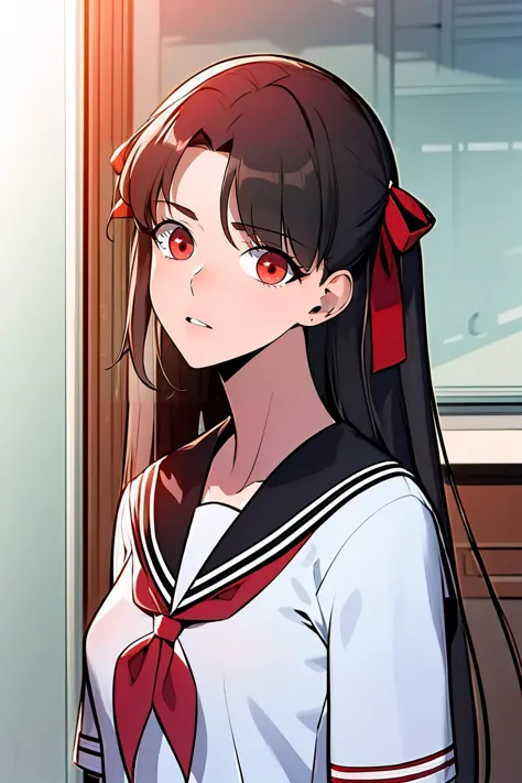 masterpiece, best quality, 1girl, solo, tohsaka rin, black hair, long hair, red eyes, two side up, parted bangs, hair ribbon, aqua eyes, looking at viewer, school uniform, red serafuku, red sailor collar, (thick thighs:0.7), medium breasts, <lora:Solo_Max-Level_Newbe_Style:1>