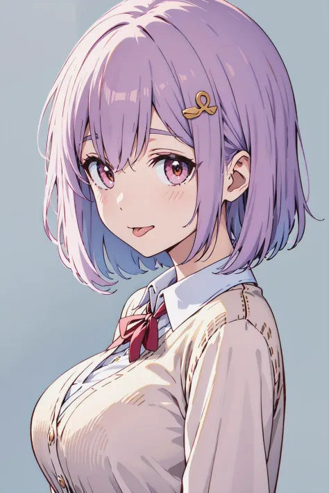 kawaii,cute,
1 girl, solo,
lilac hair, bob, bangs, hair ornament,
cranberry eyes,
jump,
close view, from side,
tongue-tied,
Butt...