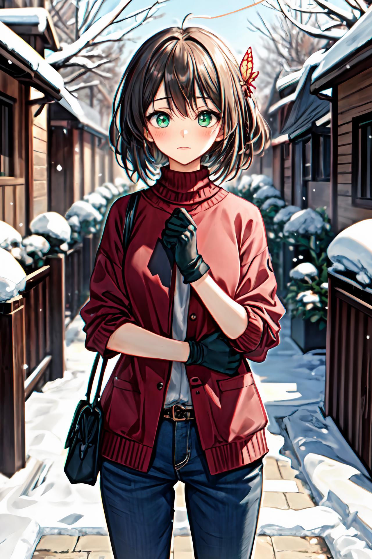 Anime girl in red jacket and black gloves standing in snowy alley - SeaArt  AI