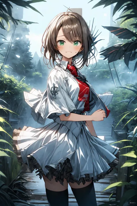 (masterpiece),(best quality), <lora:TachibanaKimika:0.9>, Kimika, green eyes,white skirt,  red necktie,folded ponytail, thighhighs,(path in a dark forest),dense forest,  bloodmoon, , fog, mist, mountains, (night),milky way,  <lora:Adddetail:0.7>,  (front view:1.5), smug face