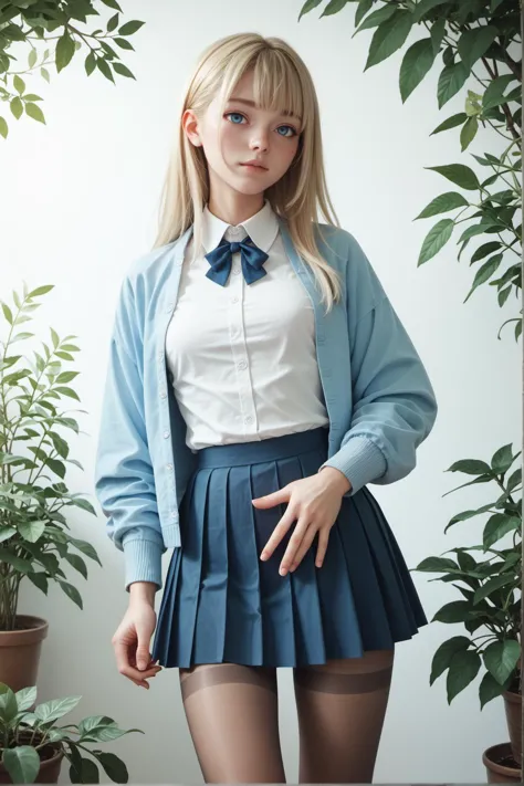 a close up of a woman in a skirt and a shirt