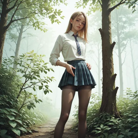 there is a woman standing in the woods wearing a skirt and a tie