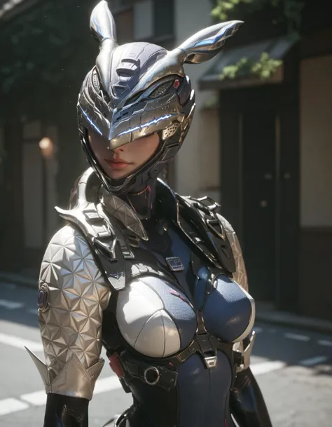 a close up of a woman in a silver and black costume