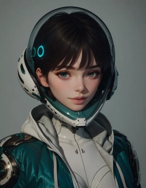 a woman in a futuristic suit with a helmet on