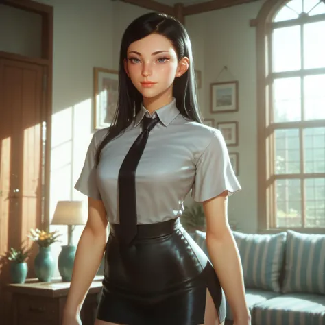 score_9, score_8_up, score_7_up,score_6_up, score_5_up, 1girl, long black hair, shirt with a tie, black mini pencil skirt, livin...