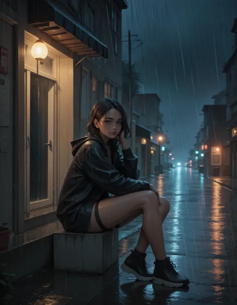 a woman sitting on a ledge in the rain on a cell phone