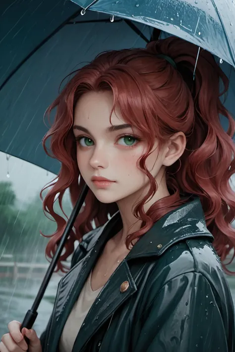 there is a woman with red hair holding an umbrella in the rain