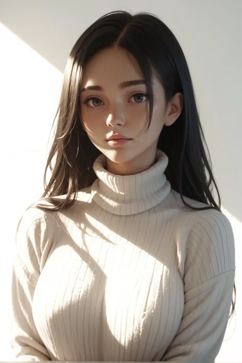 a close up of a woman with long hair wearing a turtle neck sweater