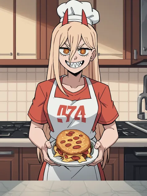 anime girl in apron holding a plate of pizza in a kitchen