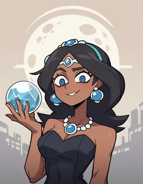 a cartoon girl in a black dress holding a glass ball