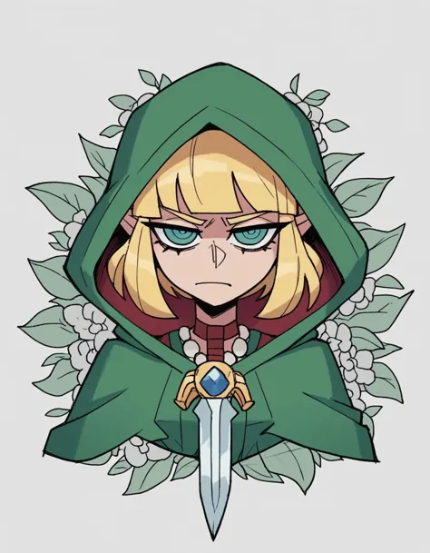 zPDXL, score_9, score_8_up, score_7_up, source_anime, 8k, absurdres, 
1girl, solo,  <lora:Vanitaker:1> vanitaker, Zelda, blonde hair, witch wearing Enchanted forest green gown with ivy detailing, sheer stockings, green heels, (hooded cowl draped over the head), ritual dagger, upper body, portrait,