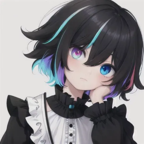 anime girl with blue eyes and black hair wearing a white blouse