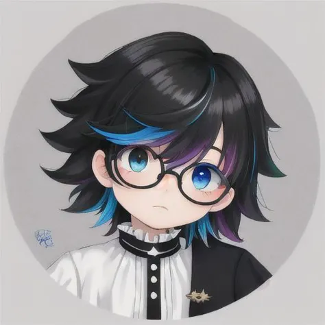 masterpiece, best quality, solo, 1other, androgynous, 1boy, heterochromia, 
 blue eyes, grey eyes, medium hair, black hair, bangs, hair between eyes, flipped hair, hair over eyes, multicolored eyes, colorful, frills, cute, petite, hair flaps, glasses, x hair ornament,