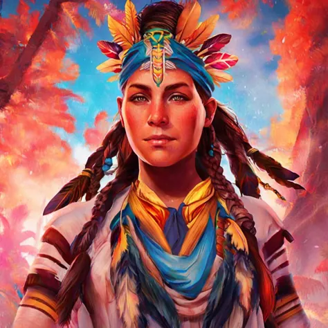 a painting of a woman in native clothing with feathers on her head