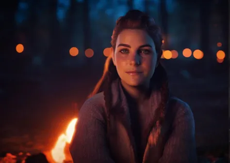 a woman in a brown sweater standing next to a fire