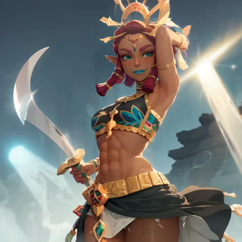 a woman in a bikini holding a sword and a sword