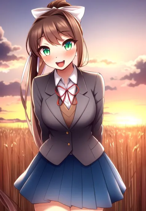 anime girl in a school uniform standing in a field of wheat