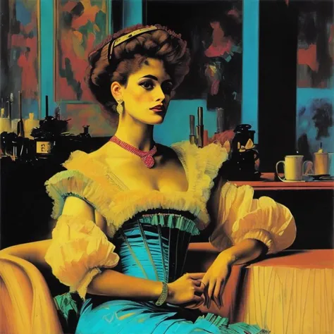 Oil painting of a beautiful young woman wearing [1980s | 1890s] fashions sitting alone in a [Victorian | 1989s] cafe, ((in the style of Boldini)),  <lora:burlesque_dress-1.0:1>,  <lora:kEighties:1>