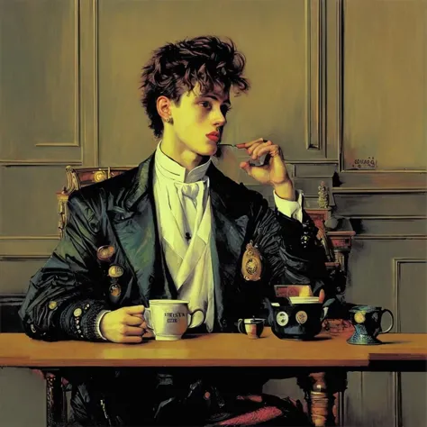 painting of a man sitting at a table with a cup of coffee