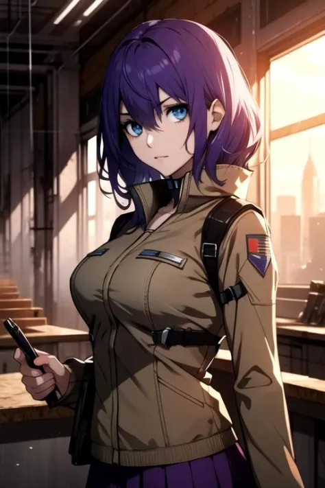 masterpiece, best quality, , 1girl, solo, looking at viewer, , , <lora:anji_zo:0.68>, anji_zo, purple hair, blue eyes, skirt, , military science fiction, High resolution