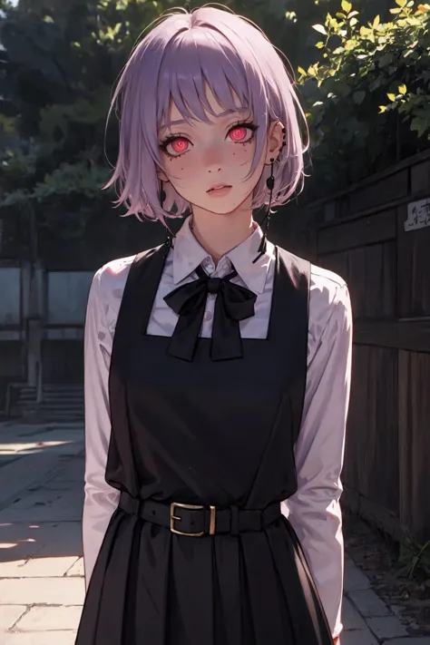 (((masterpiece))),(((best quality))),1girl, aged_up, solo, looking at viewer, fami, ringed eyes, pink eyes, short hair, pale_purple_hair, earrings, ribbon, black ribbon, black pinafore dress, pinafore dress, black belt, hayao miyazaki style, outdoors, arms behind back manga