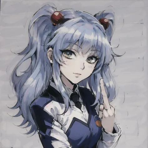 anime girl with blue hair and horns pointing up