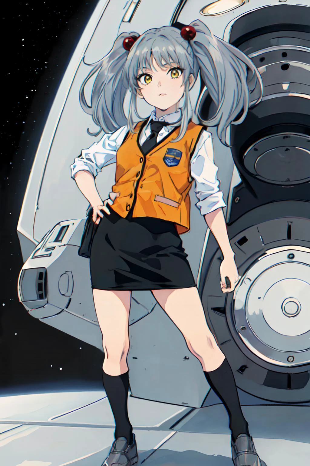 (masterpiece, best quality;1.3), ultra detailed, Looking at viewer,1girl, solo,
 ruri, grey hair,  yellow_eyes, BREAK,
orange vest, white collared shirt, black necktie, parted bangs, small breasts,twintails,hair bobbles, black short pencil skirt,Black high socks, Gray Shoes, 
standing, front view, spaceship background, galaxy background, cosmic background,