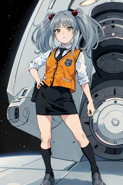 (masterpiece, best quality;1.3), ultra detailed, Looking at viewer,1girl, solo,
 <lora:ruri:0.65>ruri, grey hair,  yellow_eyes, BREAK,
orange vest, white collared shirt, black necktie, parted bangs, small breasts,twintails,hair bobbles, black short pencil skirt,Black high socks, Gray Shoes, 
standing, front view, spaceship background, galaxy background, cosmic background,