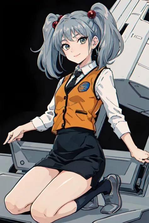 (masterpiece, best quality;1.3), ultra detailed, Looking at viewer,1girl, solo, smile,
 ruri, grey hair,  gold eyes, BREAK, orange vest, BREAK, white collared shirt, black necktie, parted bangs, small breasts,twintails,hair bobbles, black short pencil skirt,Black high socks, Gray Shoes, 
kneeling, front view, spaceship background, galaxy background, cosmic background,