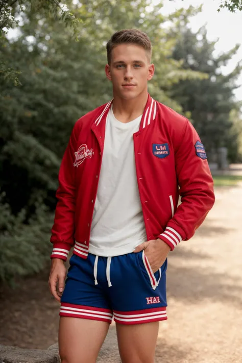 arafed man in red jacket and blue shorts posing for a picture