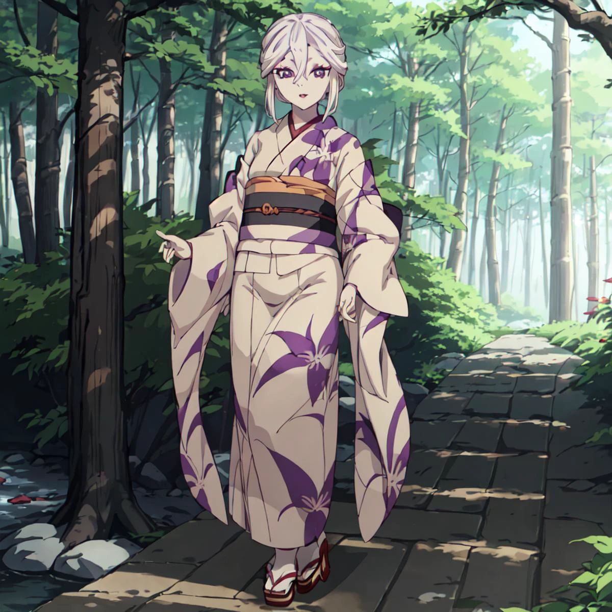 Anime girl in kimono outfit walking down a path in the woods - SeaArt AI