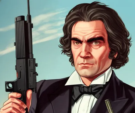 a cartoon of a man in a tuxedo holding a gun