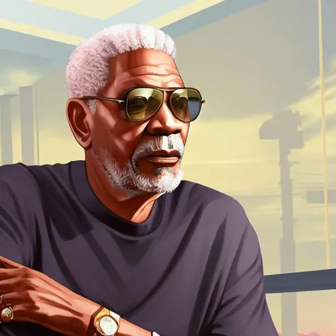 Best quality, artwork-gta5 heavily styilized closeup portrait of morgan freeman looking at the viewer, perfect face, perfect eye...