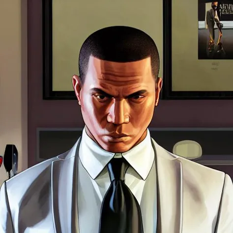 gtav style, man,flat hair,A middle aged,asian, black necktie, blurry, blurry background, blurry foreground, closed mouth, collar...