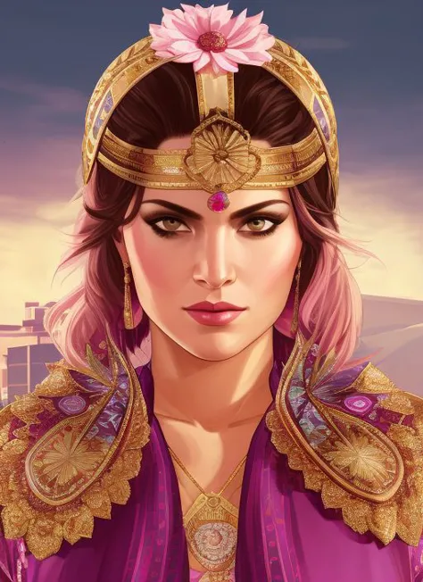 a woman with pink hair and a gold headpiece