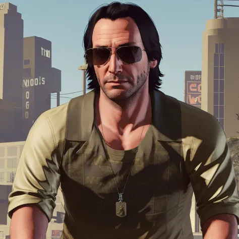 gtav style, happy johny_silverhand, man, wearing a ((beige suit)) jacket and a dark shirt, with sunglasses AND military tag necklace, is walking on the street, [[keanu reeves]], photo\(medium\), solo focus, , young, detailed hands, mechanical parts, rings,