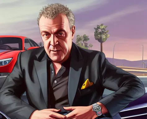 gtav style portrait of (jeremy clarkson) and (richard hammond),on parking area, photo\(medium\),focus to man,middle age guy,car ...