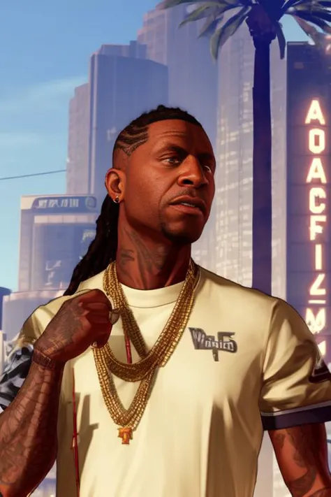 a man in a white shirt and gold chain standing in front of a city