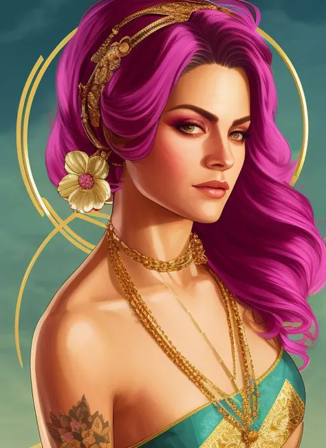 a woman with purple hair and a gold necklace