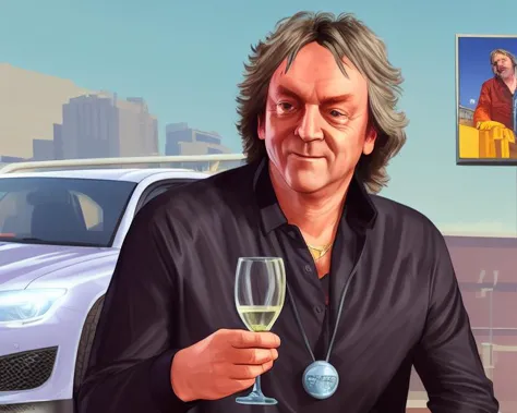 gtav style portrait of (James May:1.3) , photo\(medium\),focus to man,middle age guy,car in background,smile,bushy hair,jacket a...