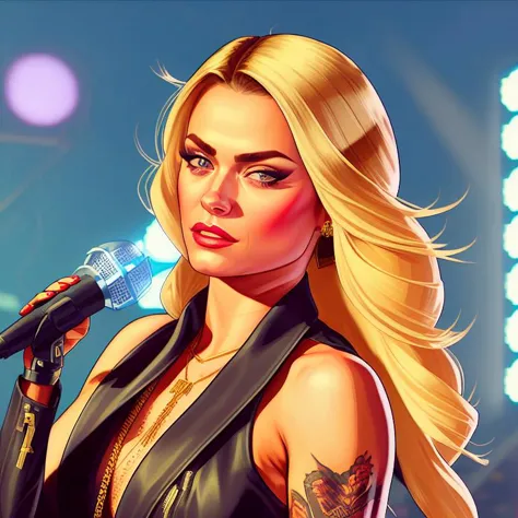 gtav style of Kassandra Lodata-1000, (((beautiful singer woman with microphone in a concert))), (((a blonde hair))), (((blue eye...