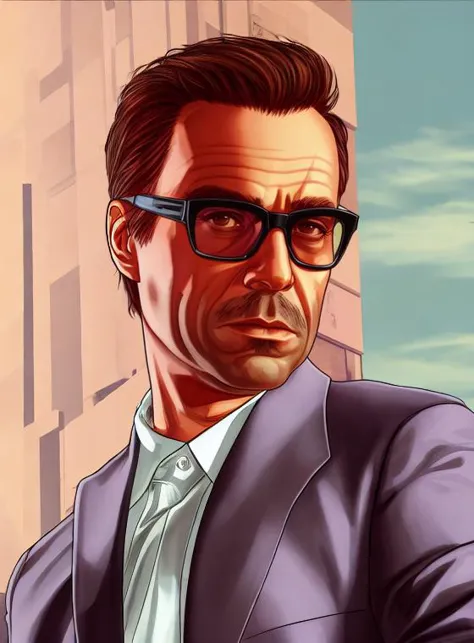 gtav style. Best quality, artwork-gta5 heavily styilized closeup portrait of rdj wearing glasses looking at the viewer, perfect ...