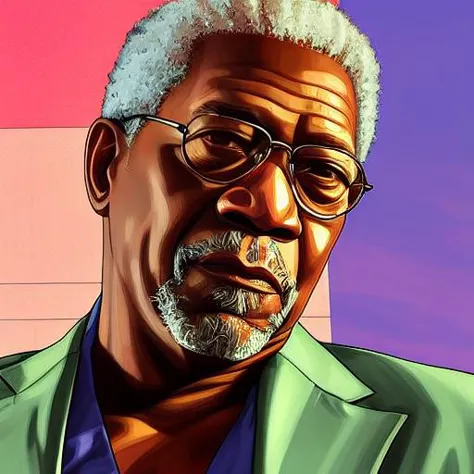 Best quality, artwork-gta5 heavily styilized closeup portrait of morgan freeman looking at the viewer, perfect face, perfect eye...