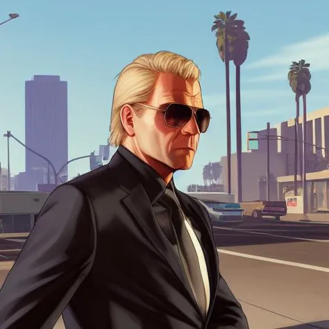 a close up of a man in a suit and sunglasses on a street