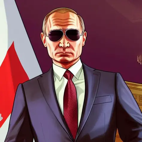 gta v style of wladimir putin, putin looking at the camera standing in a field, sun glasses, full body, rifle,