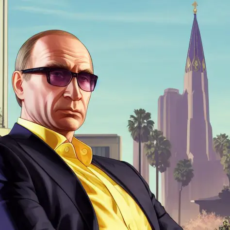 gtav style, A stunning intricate full colour upper body photo of Vladimir Putin President of Russia wearing glasses, (wearing a yellow lab coat), bald, epic character composition, holding canabis,