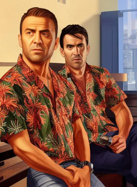 (masterpiece, top quality, best quality), (2 handsome mans),  ((wear fancy aloha shirts)), extreme detailed, highest detailed. gta5 style, cigar on hand