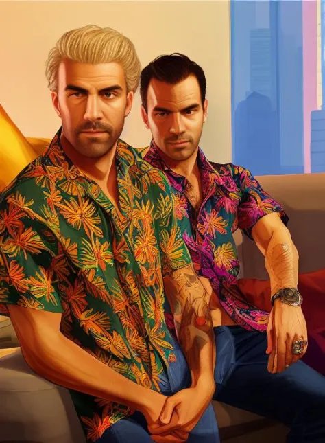 (masterpiece, top quality, best quality), (2 handsome mans),  ((wear fancy aloha shirts)), extreme detailed, highest detailed. gta5 style, cigar on hand, perfect face, perfect eyes, cityview_background